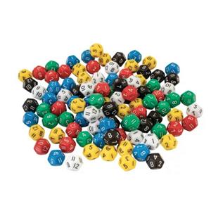 Dice Coloured 12 Face 1-12  Pkt 100